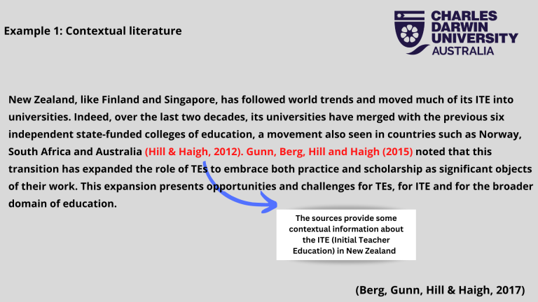 Example 1: Contextual literature New Zealand, like Finland and Singapore, has followed world trends and moved much of its ITE into universities. Indeed, over the last two decades, its universities have merged with the previous six independent state-funded colleges of education, a movement also seen in countries such as Norway, South Africa and Australia (Hill & Haigh, 2012). Gunn, Berg, Hill and Haigh (2015) noted that this transition has expanded the role of TEs to embrace both practice and scholarship as