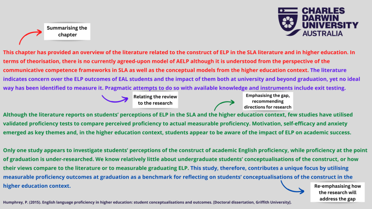 This chapter has provided an overview of the literature related to the construct of ELP in the SLA literature and in higher education. In terms of theorisation, there is no currently agreed-upon model of AELP although it is understood from the perspective of the communicative competence frameworks in SLA as well as the conceptual models from the higher education context. The literature indicates concern over the ELP outcomes of EAL students and the impact of them both at university and beyond graduation
