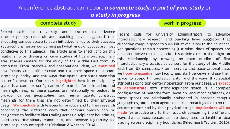A conference abstract can report a complete study, a part of your study or a study in progress A complete study Recent calls for university administrators to advance interdisciplinary research and teaching have suggested that allocating campus space to such initiatives is key to their success. Yes questions remain concerning just what kinds of spaces are most conducive to this agenda. This article aims to shed light on this relationship by drawing on case studies of five interdisciplinary area studies c