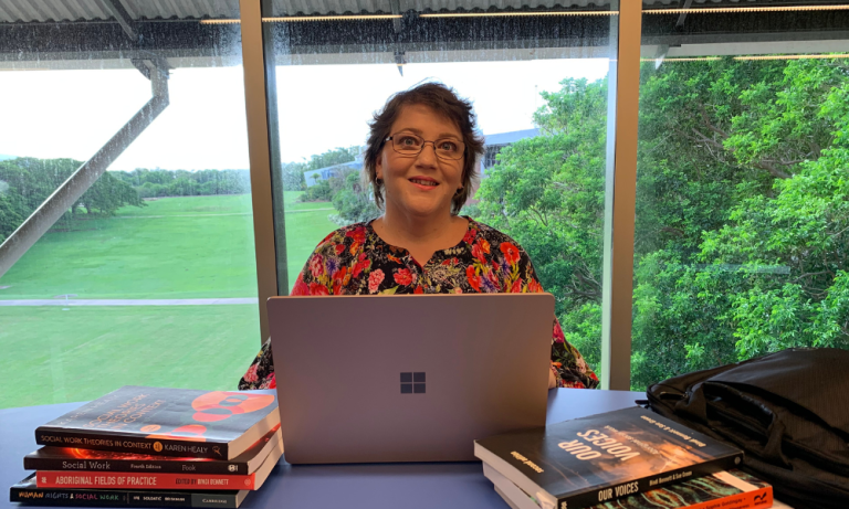 Social work student Josephine in the library at Casuarina campus