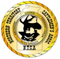 NT Cattlemen's association logo - circular design with &quot;Northern Territory Cattlemen's Assoc&quot; around the outside, &quot;Katherine, Darwin, Tennant Creek, Alice Springs&quot; inside, with stylised image of person in a hat, overlaid by outline map of NT