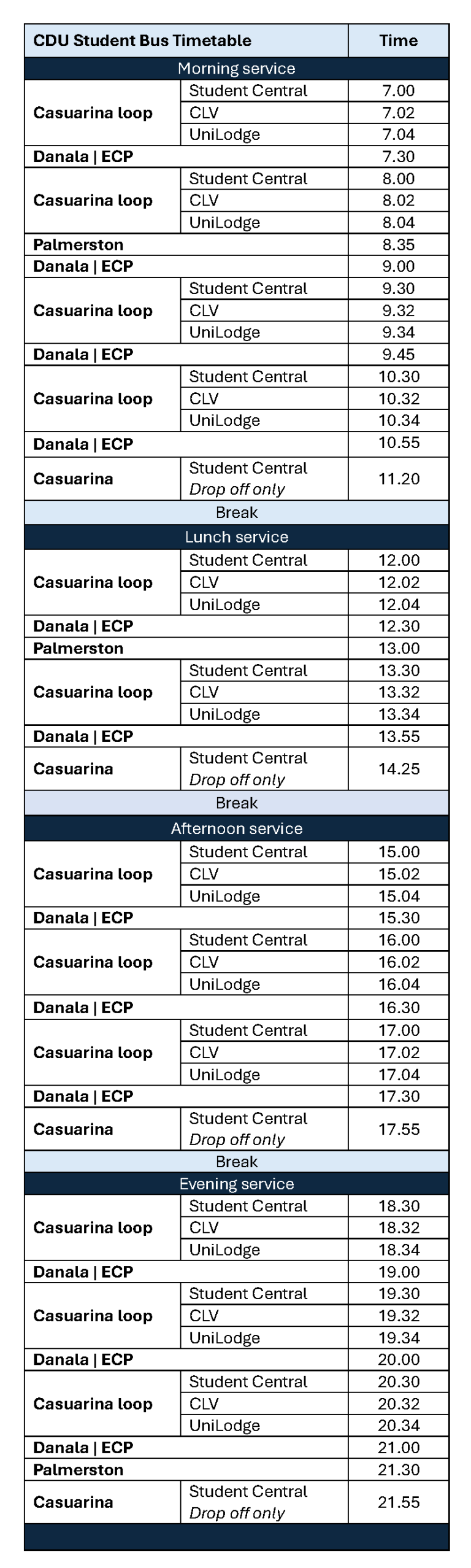 S1 2025 CDU bus timetable