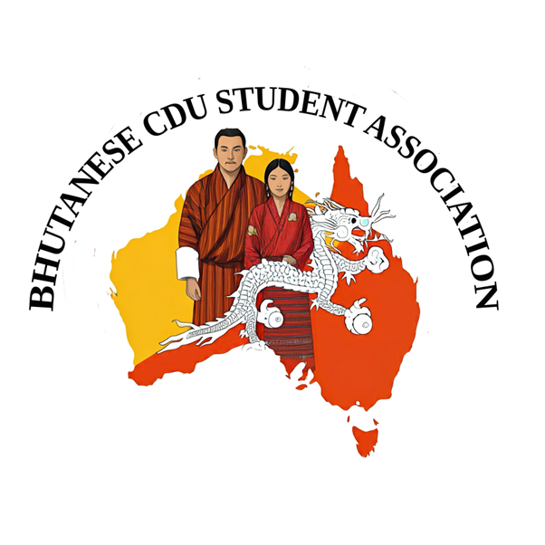 Logo of the Bhutanese CDU Student Association featuring a map of Australia in Bhutan’s national colors (yellow and orange), a traditional Bhutanese man and woman dressed in national attire, and a white dragon symbolizing Bhutan's cultural heritage.