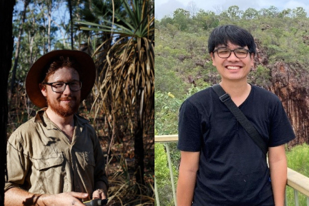 Composite image of Alex Carey with pandanus and trees in background and Angga Rachmansah with distant forest in background