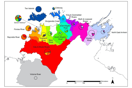 map of the Top End of the Northern Territory, showing regions in different colours with small pie charts labelled with location names but no key or explanation of charts' meaning