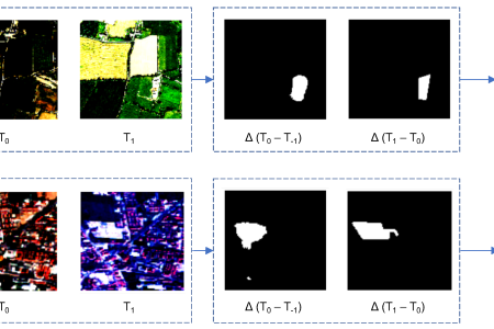 Satellite images of forests that show progression of deforestation. 