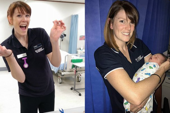 Talea smiling in her work scrubs on the left and Talea holding a newborn baby on the right