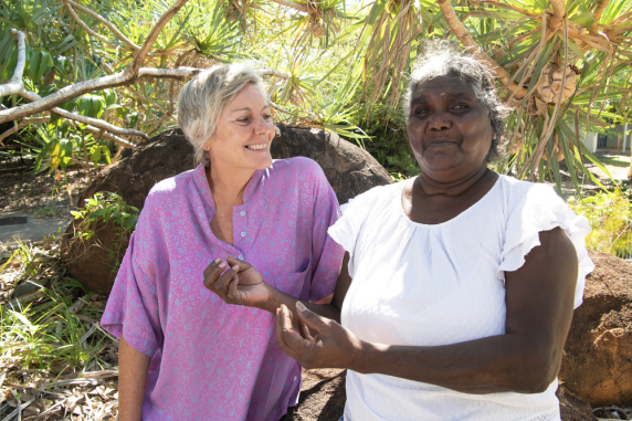 Anne Lowell and Elaine L Maypilama discussing project